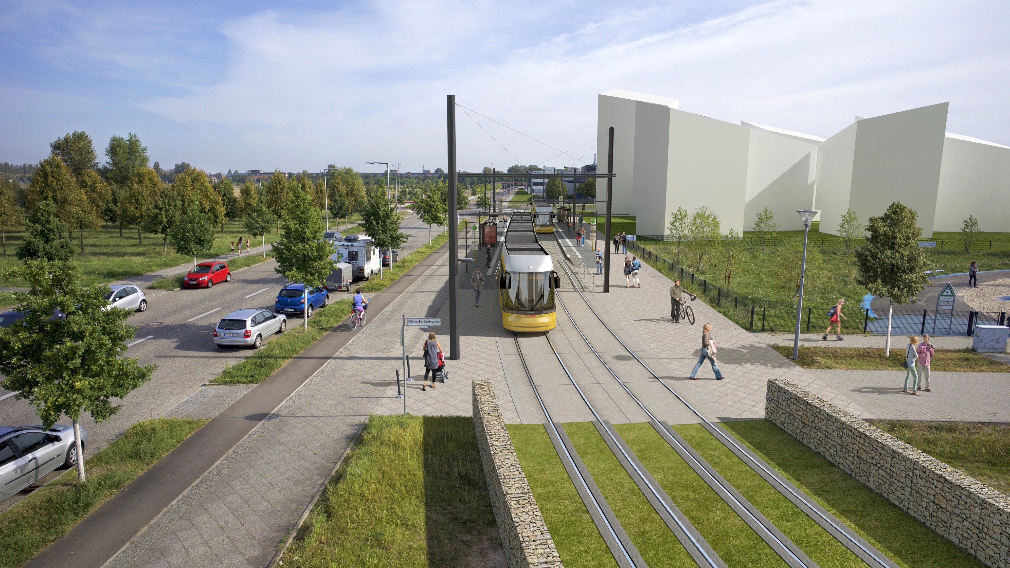 So soll die Straßenbahnstrecke in Adlershof aussehen. Im Mai 2020 hat der Bau begonnen.