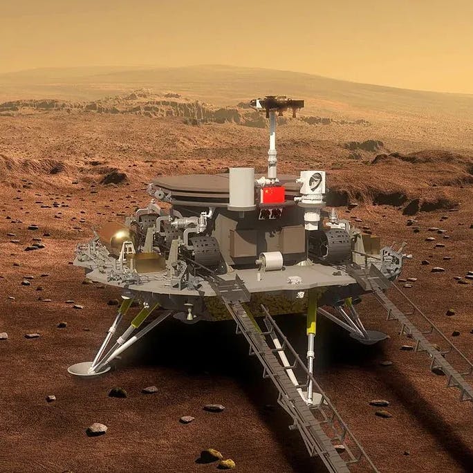 Simulation der chinesischen Sonde Tianwen-1 mit ihrem Rover auf dem Mars.
