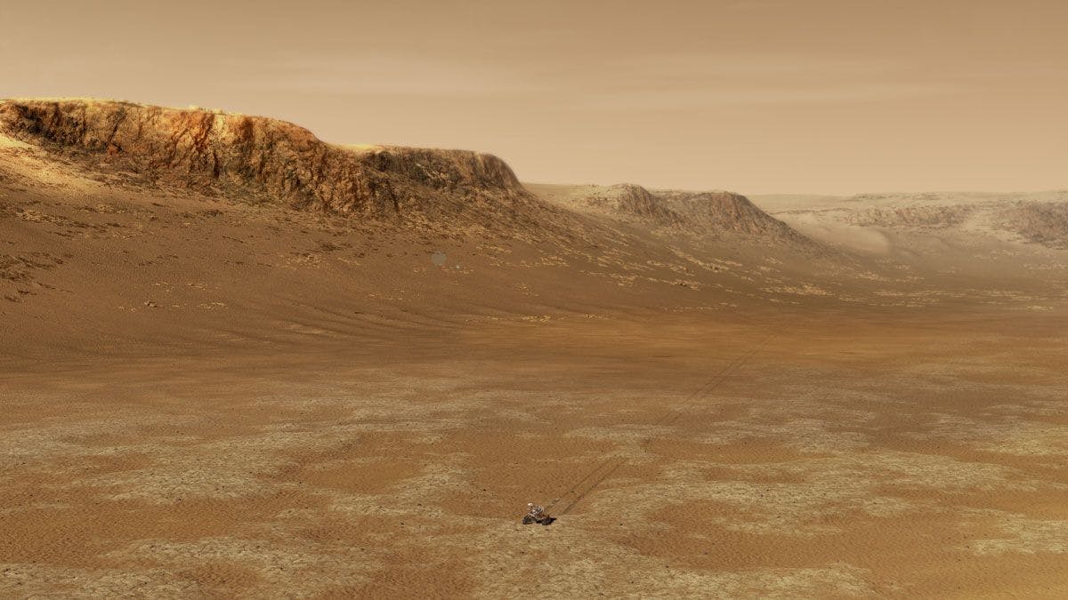 Wie winzig er sich auf dem Mars ausnimmt, der Nasa-Rover Perseverance. Er soll ein Gelände untersuchen, das vermutlich ein ehemaliger See war. Hier eine Simulation.