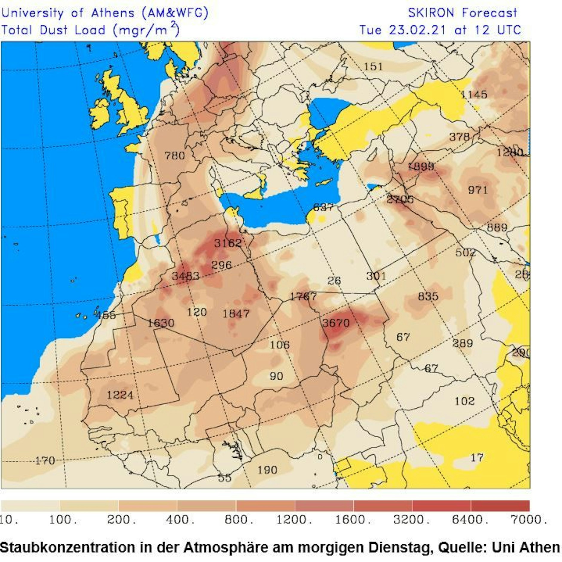 So verteilt sich der Saharastaub über Europa.&nbsp;