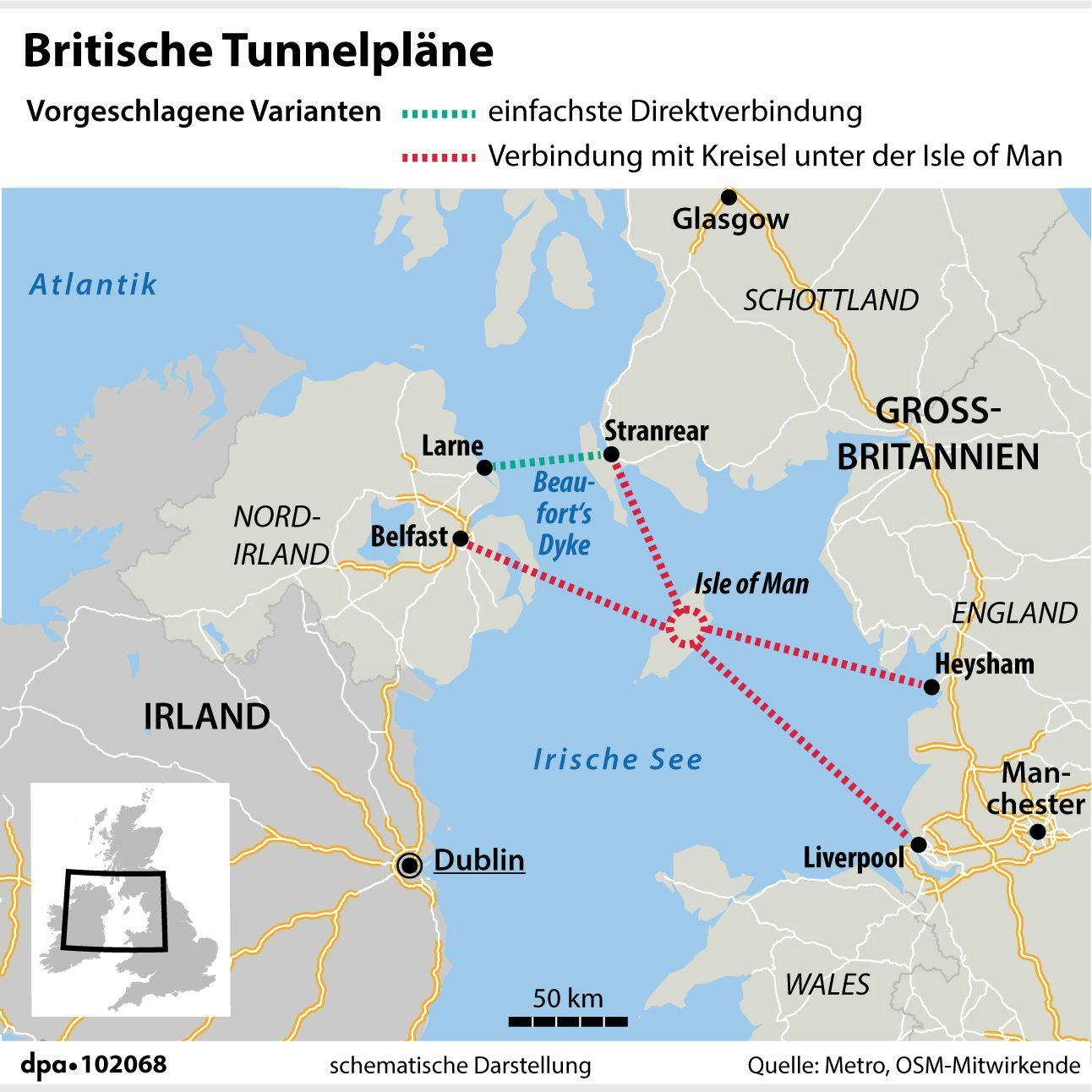 Die gestrichelte grüne Linie zeigt den möglichen 50-km-Tunnel, rot ist die „durchgeknallte“ Variante.