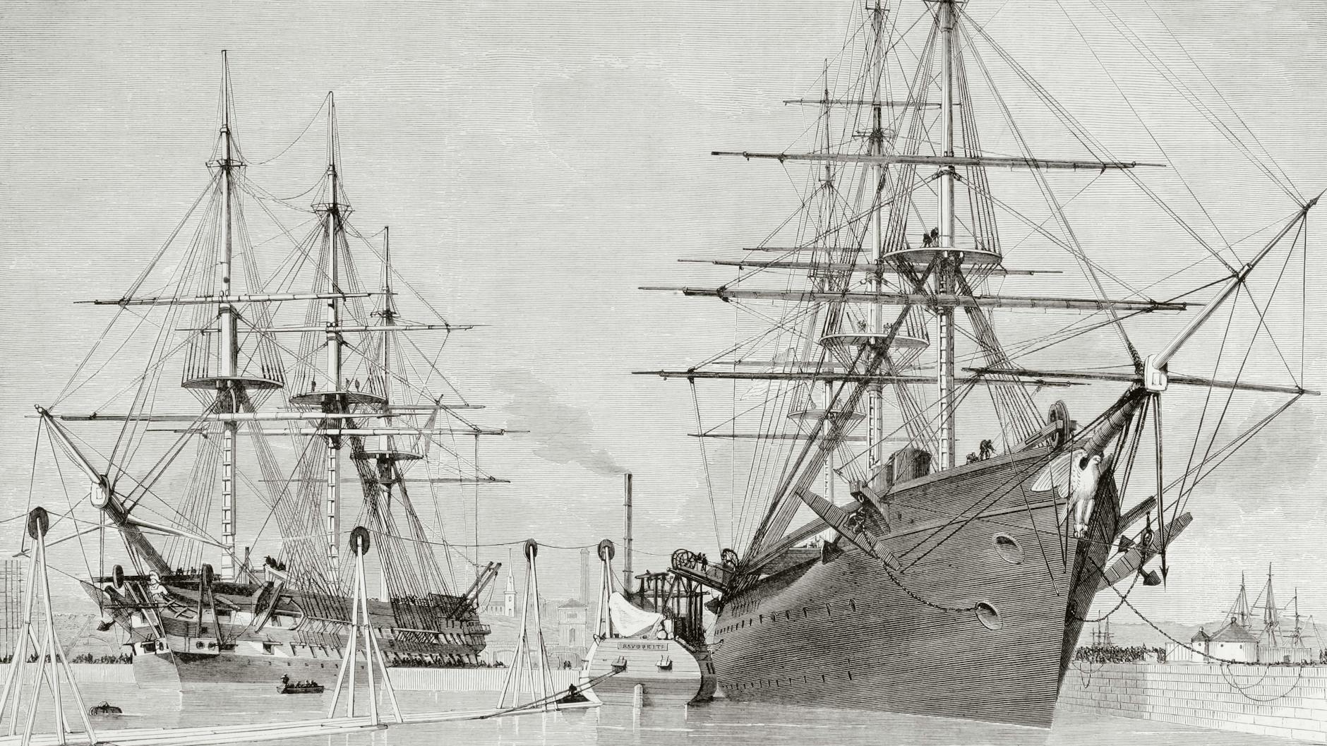 Die beiden Marineschiffe „HMS Agamemnon“ und „HMS Niagara“ hatten die Telegrafenkabel an Bord. 