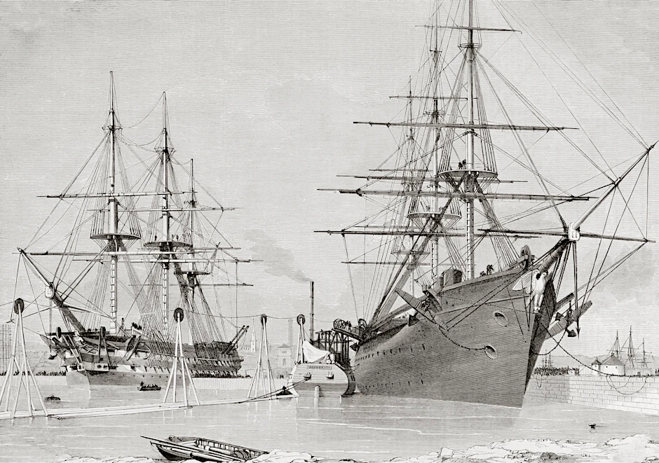 Die beiden Marineschiffe „HMS Agamemnon“ und „HMS Niagara“ hatten die Telegrafenkabel an Bord.&nbsp;