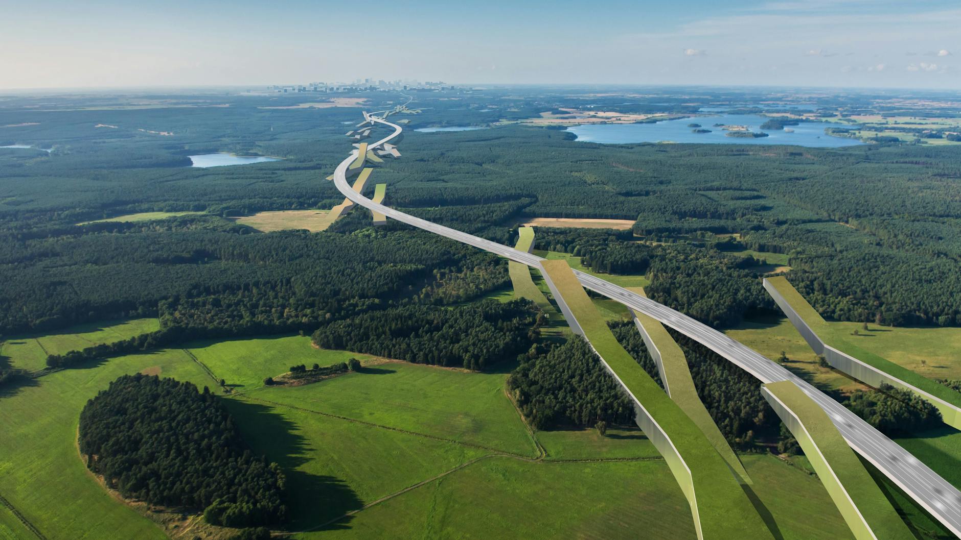 Eine Stadt entlang der Autobahn – die Hypercity 2130. Die länglichen Gebäude und Wohnkomplexe verlaufen entlang der A24, die Dächer sind begrünt. 