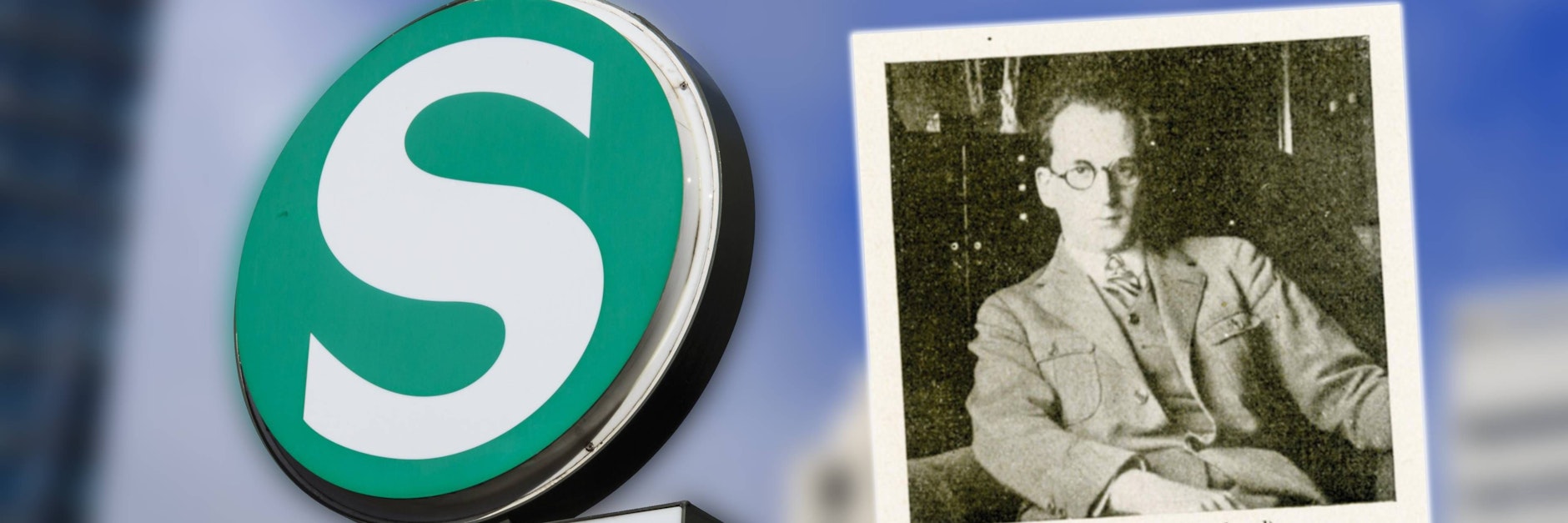 Das S-Bahn-Signet, wie es von 1936 an verwendet wurde, und sein Erfinder, der Grafiker Fritz Rosen.