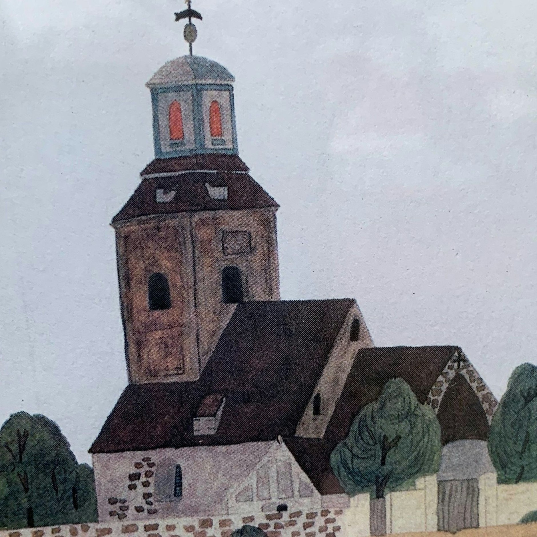 Ein etwas unbeholfenes Gemälde der Dorfkirche Wartenberg. Auch sie wurde gesprengt.