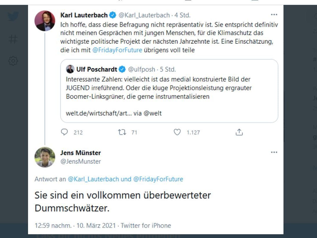In diesem Tweet beleidigt der JU-Landesvorsitzende Jens Münster Karl Lauterbach als Dummschwätzer. Der Tweet wurde wenig später wieder gelöscht.
