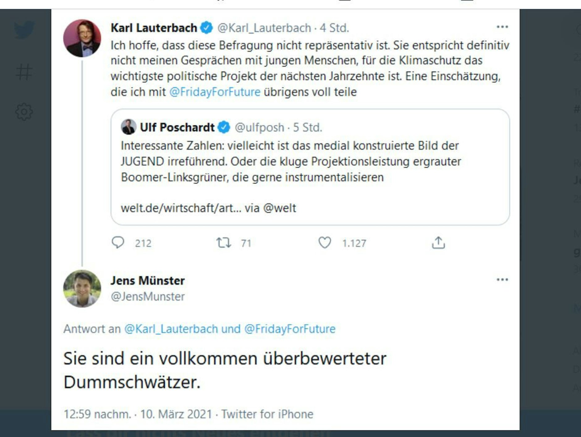 In diesem Tweet beleidigt der JU-Landesvorsitzende Jens Münster Karl Lauterbach als Dummschwätzer. Der Tweet wurde wenig später wieder gelöscht.