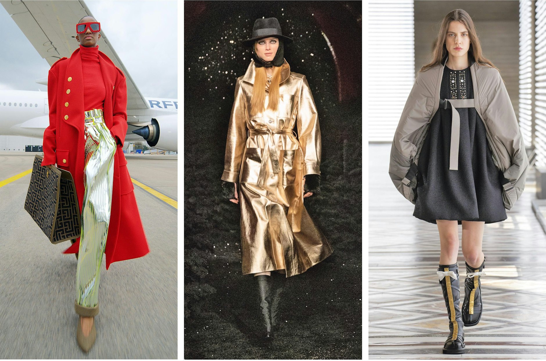 Von links: Balmain im Fliegerfieber; Chanel auf Clubtour; Vuitton probiert Proportionen.