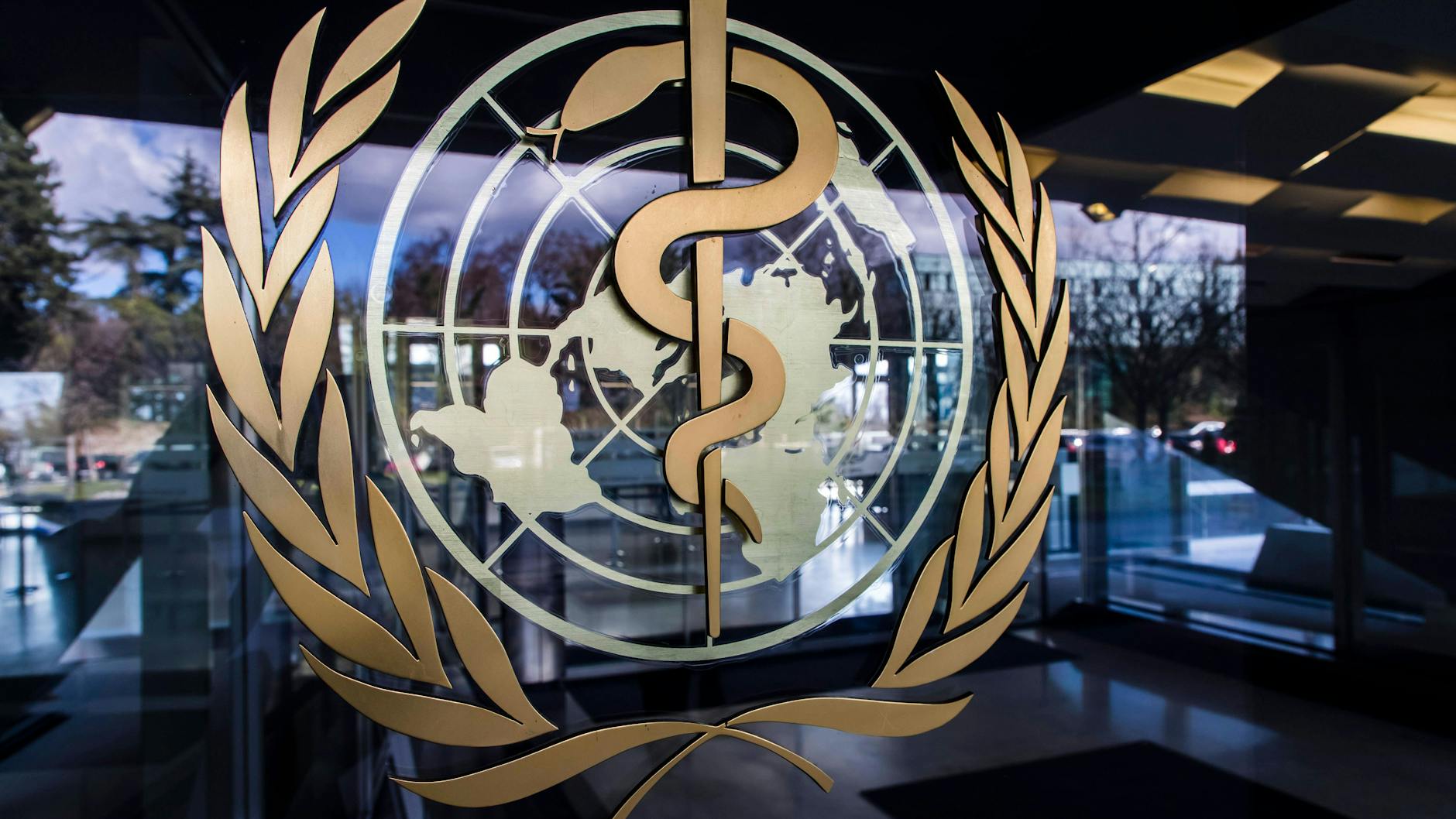 Das Logo der WHO in Genf.