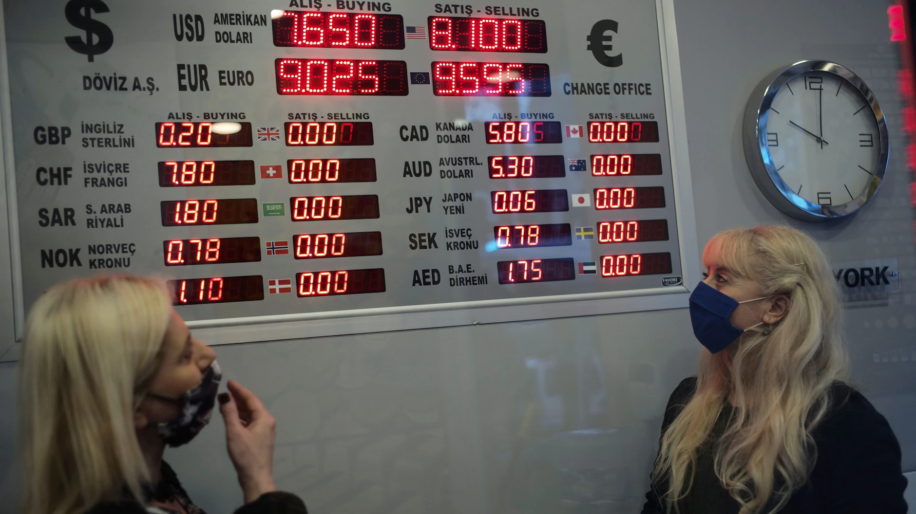 Am Montag in Ankara: Zwei Frauen schauen sich eine Anzeigetafel an, die die aktuellen Wechselkurse verkündet.