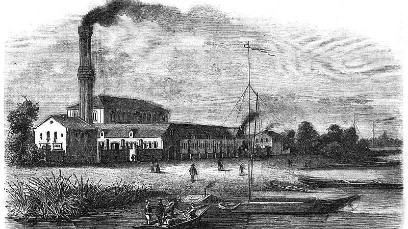 Das Berliner Wasserwerk von 1858. Das erste Wasserwerk bauten Engländern 1853 vor dem Stralauer Tor an der Spree.