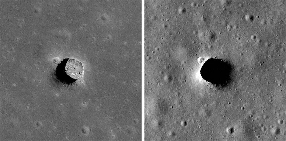 Zwei Ansichten einer tiefen Grube auf den Marius Hills, einer Region des Mondes. Das Loch soll gut 34 Meter tief sowie 65 mal 90 Meter breit sein. Möglicherweise führt es in ein kilometerweit ausgedehntes Höhlensystem.