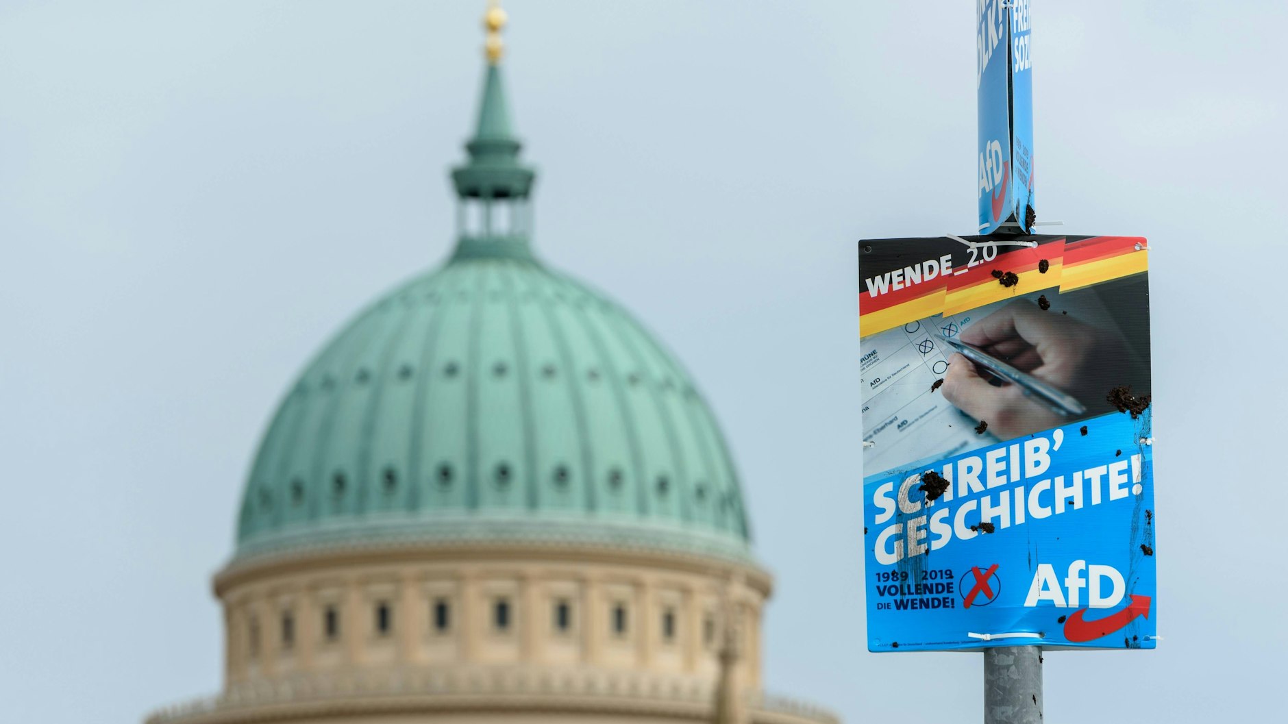 Wahlplakat der AfD vor dem Brandenburger Landtag in Potsdam (Archivbild).