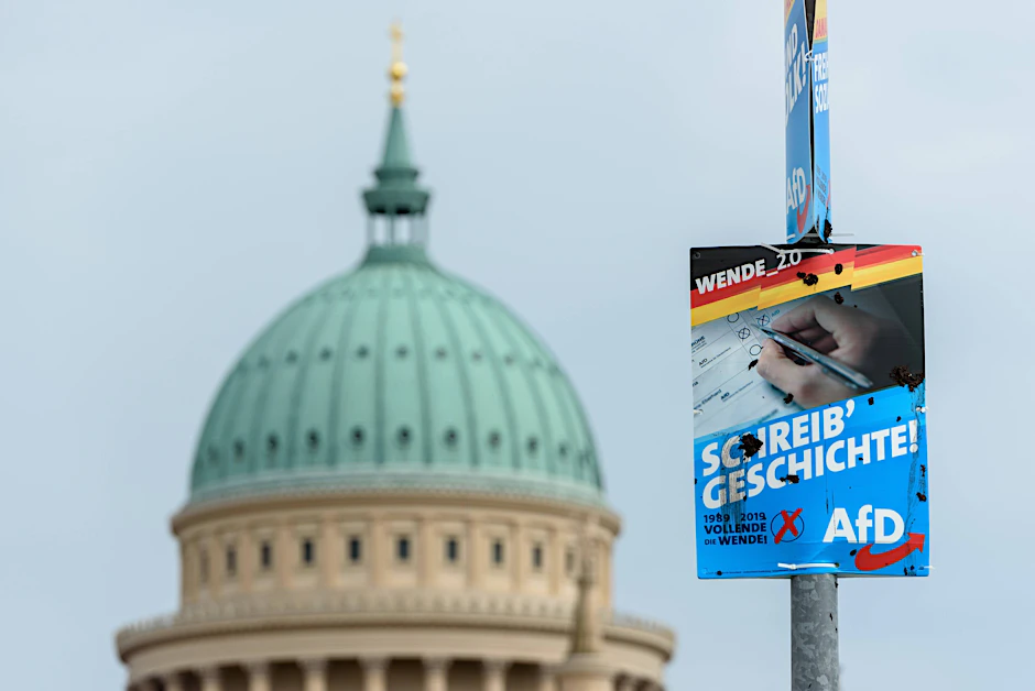 Wahlplakat der AfD vor dem Brandenburger Landtag in Potsdam (Archivbild).