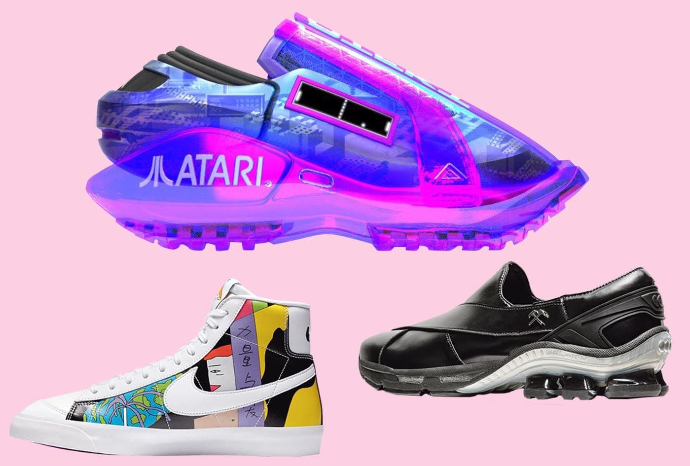 Unten links: Nike Blazer Mid, gestaltet von Ruohan Wang. Oben: digitale Sneaker-Kollaboration von RTFKT Studios und Atari. Unten rechts: GmbH x Asics GEL-CHAPPAL™ aus veganem Material.