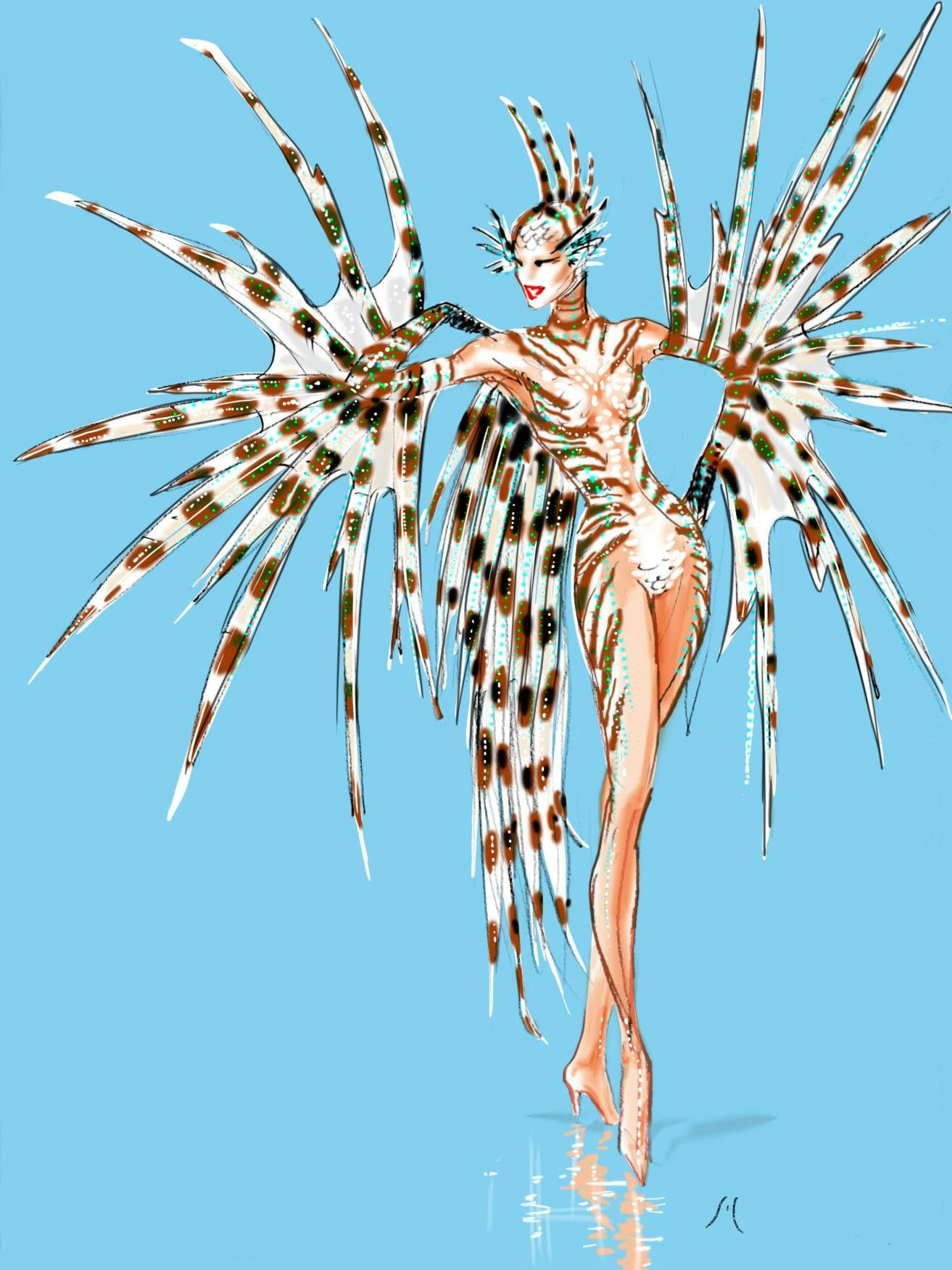 Dieser Entwurf zeigt eines der Kostüme aus der Show „Arise“.