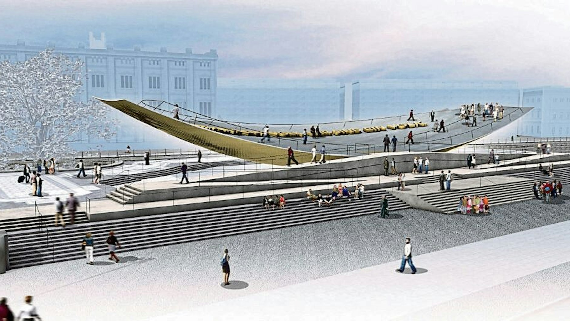 Im Siegerentwurf für das Freiheits- und Einheitsdenkmal war das historische Bodenmosaik anfangs noch enthalten, wie diese Computergrafik zeigt. Links im Bild ist das Mosaik vor dem Baum zu sehen.