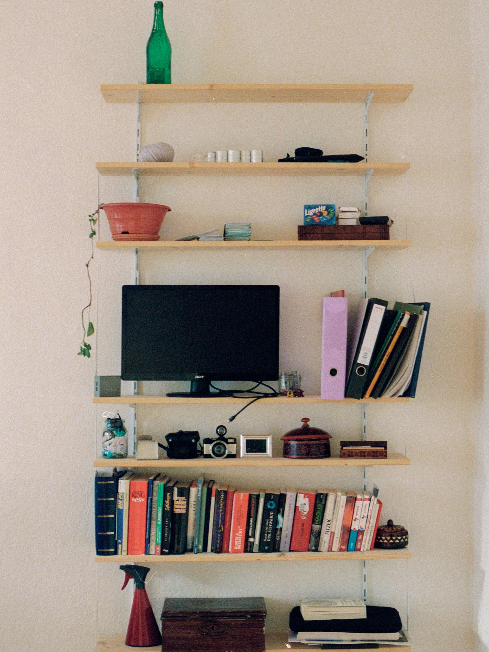 In ihrem Wohnzimmer hat Lisa Strippchen Regale. Unter anderem hält sie dort einen alten Monitor, den sie manchmal fürs Homeoffice nutzt.