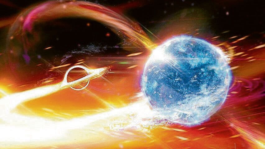 Eine künstlerische Darstellung eines Schwarzen Lochs, das einen Neutronenstern verschlingt.