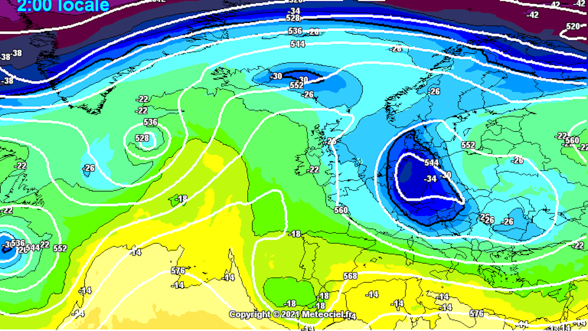 Kälte-Ei trifft genau auf Deutschland! In rund 5500 m Höhe liegen die Werte bei minus 30 bis minus 38 Grad, und das genau über unseren Köpfen.