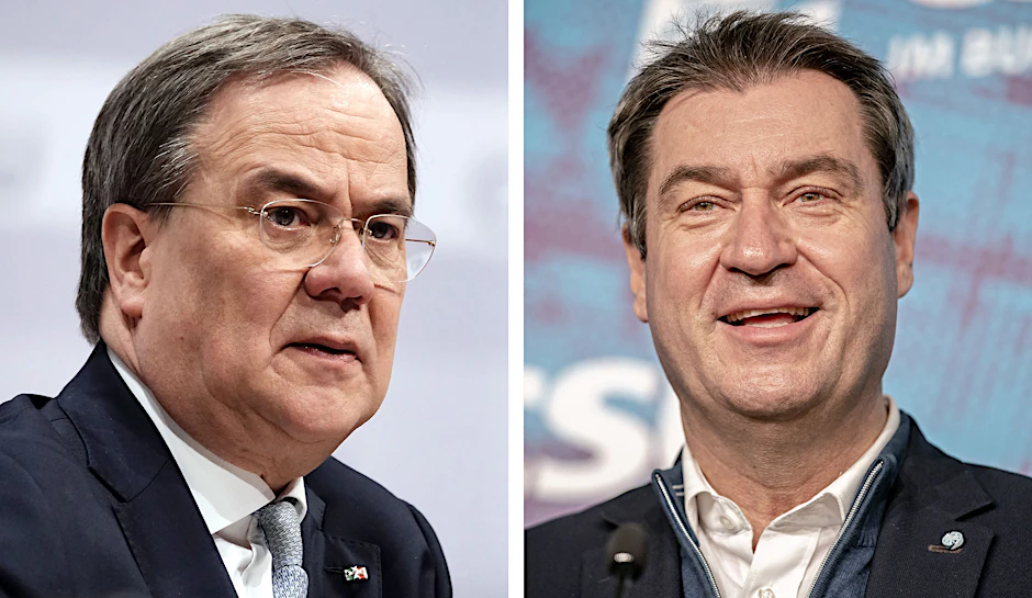 Konkurrenten: Armin&nbsp;Laschet, Ministerpräsident von Nordrhein-Westfalen und CDU-Vorsitzender (l.), und Markus Söder, Ministerpräsident von Bayern und CSU-Vorsitzender.