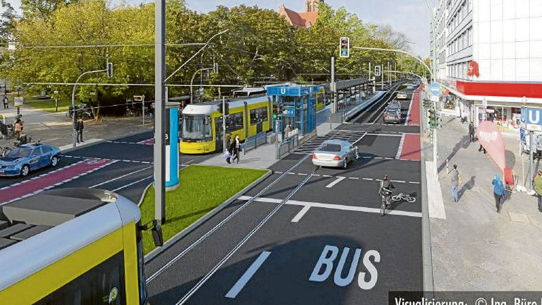 Mitten in Moabit: Die Simulation zeigt, wie die Straßenbahnhaltestelle U-Bahnhof Turmstraße aussehen soll.