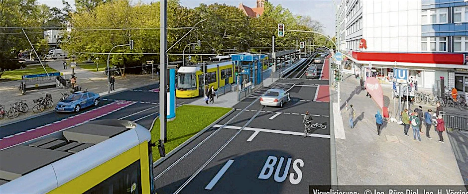 Mitten in Moabit: Die Simulation zeigt, wie die Straßenbahnhaltestelle U-Bahnhof Turmstraße aussehen soll.