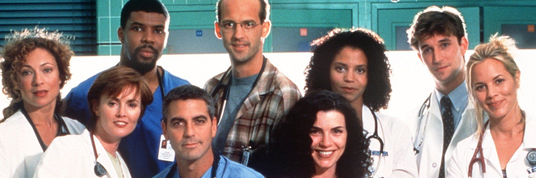 Die Darsteller der amerikanischen Fernsehserie „Emergency Room – Die Notaufnahme“. Vorne v.l.: Laura Innes, George Clooney und Julianna Margulies. Hinten v.l.: Alex Kingston, Eric La Salle, Anthony Edwards, Gloria Reuben, Noah Wyle und Maria Bello.