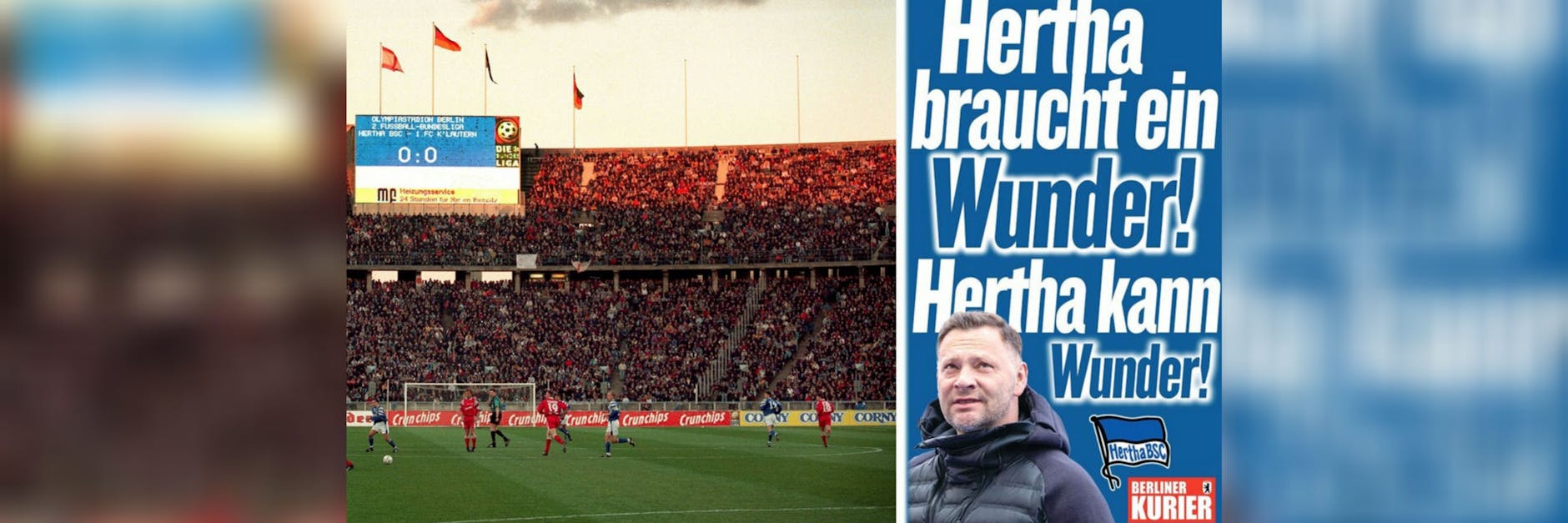 Noch ohne Dach, dafür aber sogar in der 2. Liga ausverkauft: Das Olympiastadion beim Hertha-Spiel gegen Kaiserslautern 1997.
