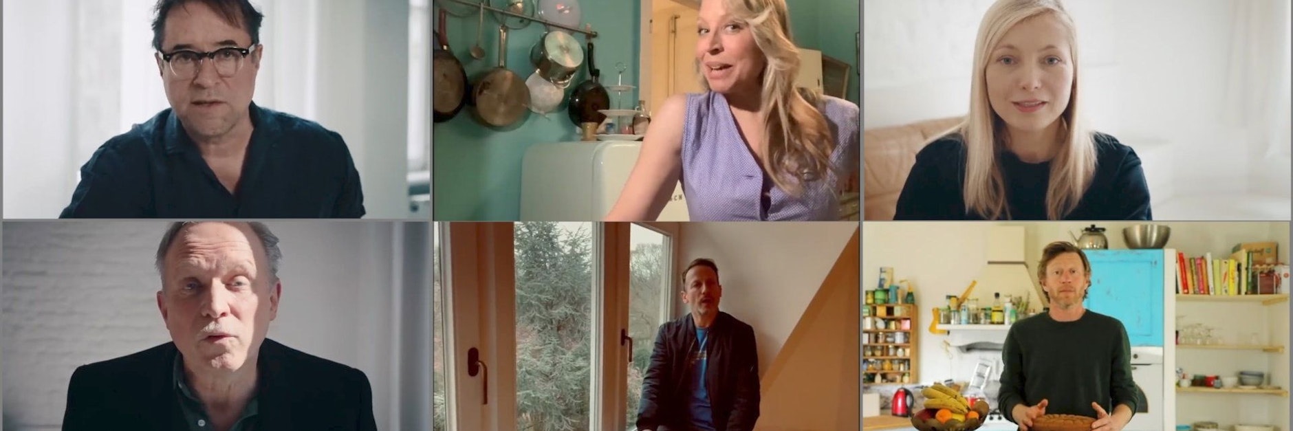 Sechs der 53 #allesdichtmachen-Schauspieler: Jan-Josef Liefers, Nina Proll, Nadja Uhl, Ulrich Tukur, Wotan Wilke Möhring und Maxim Mehmet.
