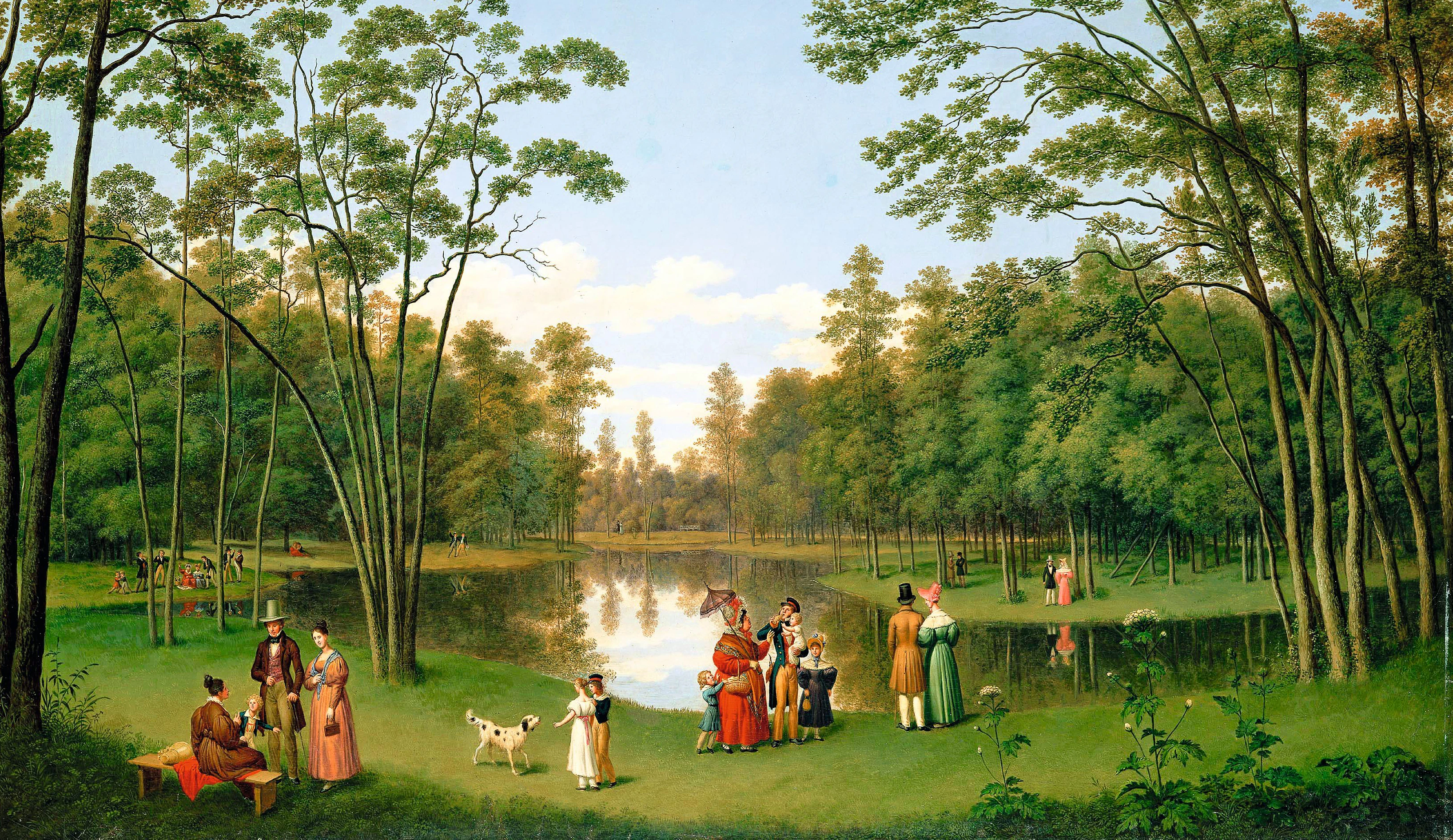 Zu zweit oder mit der Familie in den Tiergarten gehen – vor 200 Jahren gehört das für Berliner zum Wochenende. Dieses Landschaftsidyll malte Johann Heinrich Stürmer.