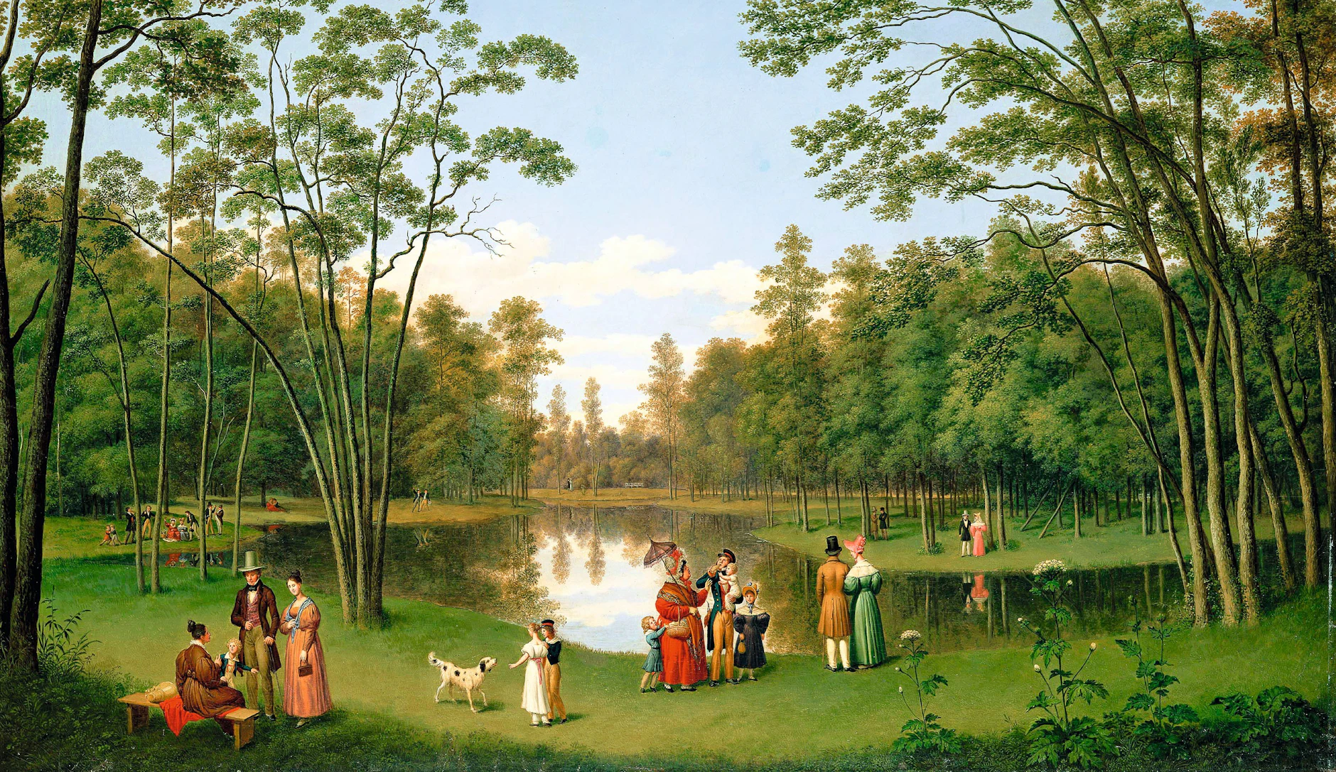 Zu zweit oder mit der Familie in den Tiergarten gehen – vor 200 Jahren gehört das für Berliner zum Wochenende. Dieses Landschaftsidyll malte Johann Heinrich Stürmer.