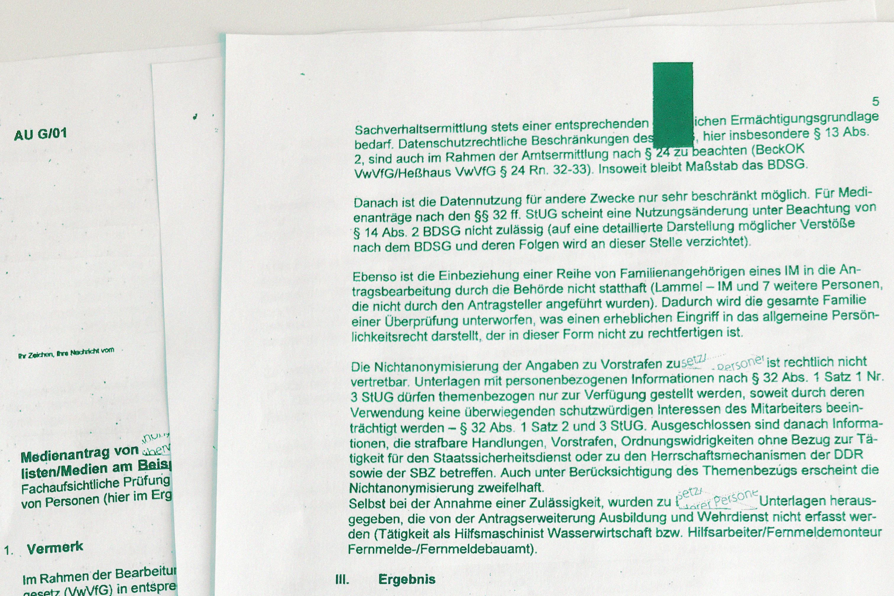 Dokumente aus dem internen Prüfbericht der BStU