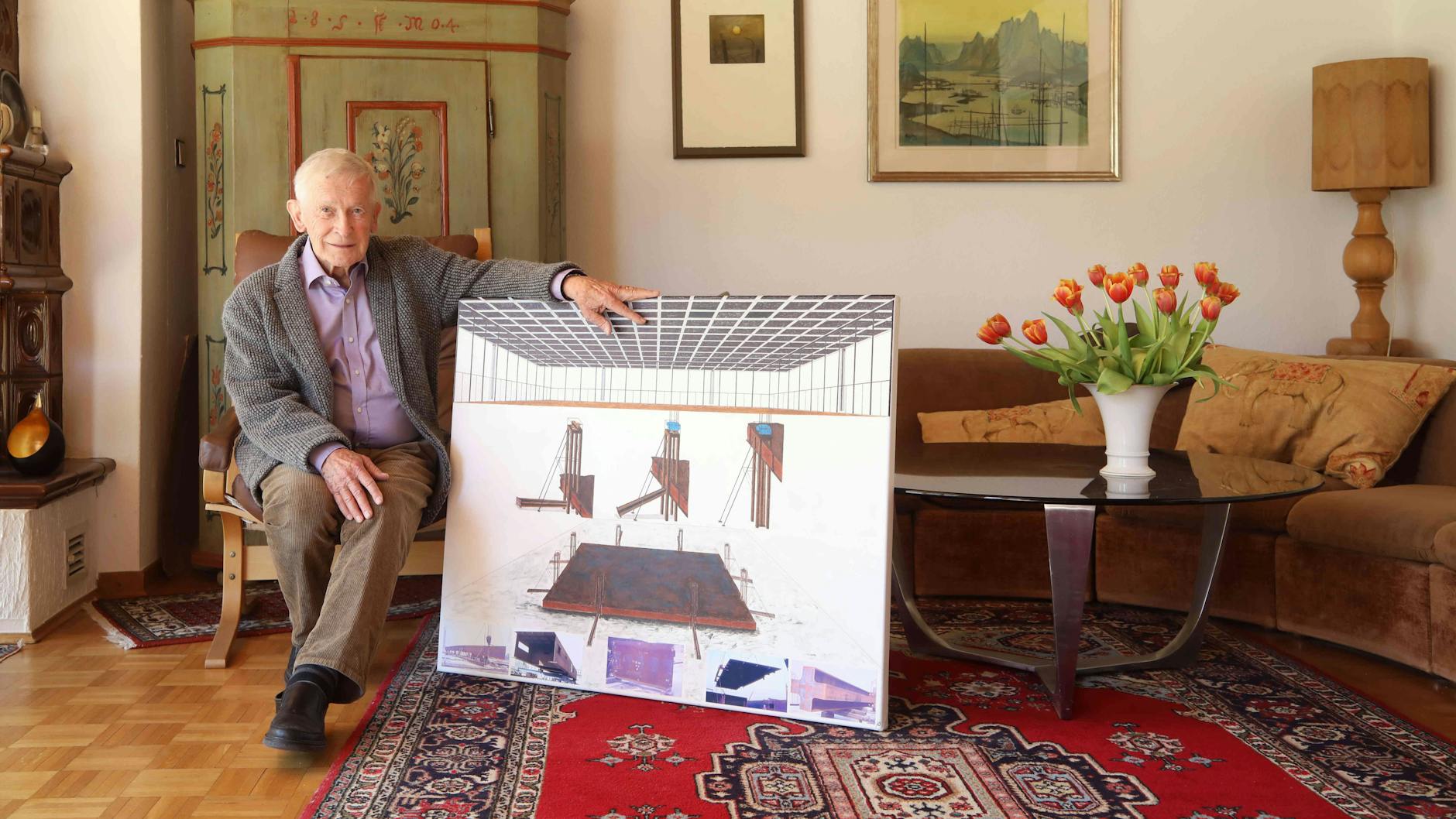 Heinz Oeter hat seine Stahlbau-Arbeit an der Neuen Nationalgalerie künstlerisch in einem Gemälde verarbeitet.