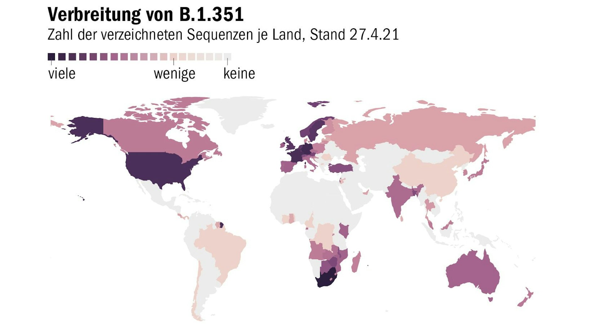 Anmerkung: Da in den einzelnen Ländern unterschiedlich viel sequenziert wird, gibt die Karte lediglich Hinweise auf die Verbreitung.