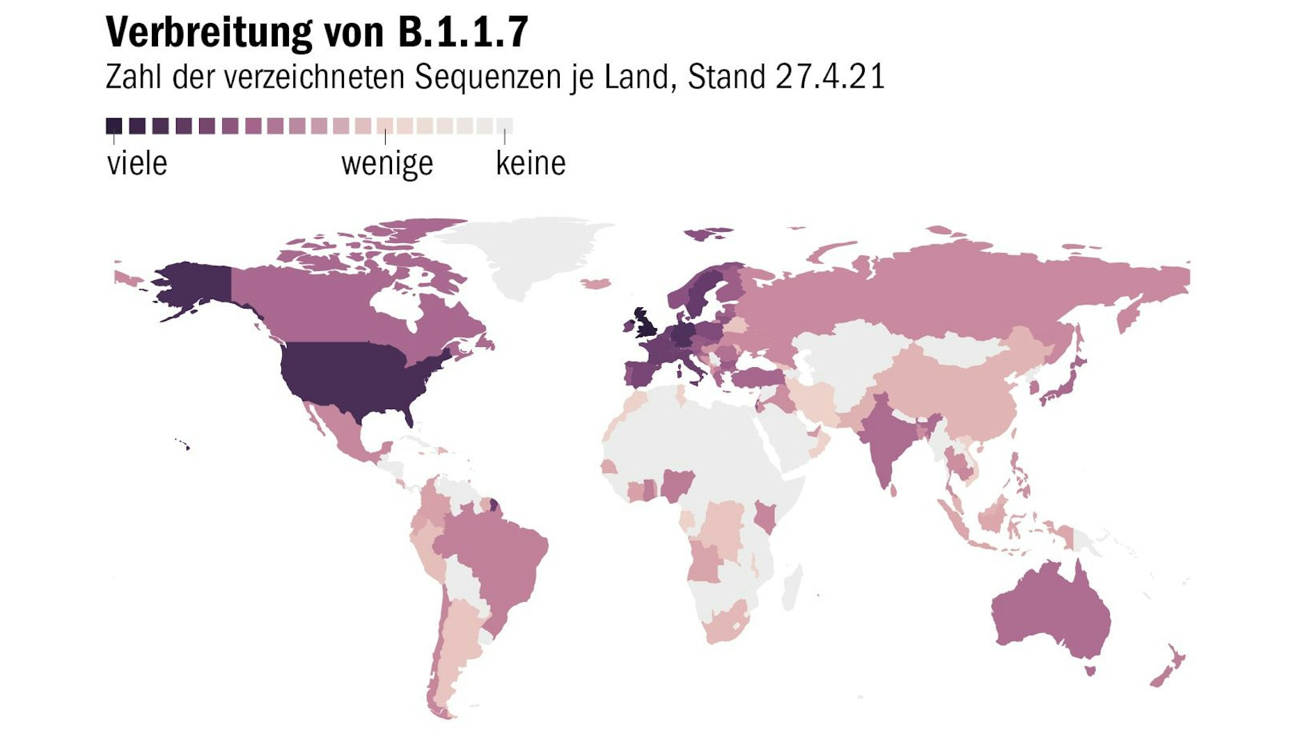 Anmerkung: Da in den einzelnen Ländern unterschiedlich viel sequenziert wird, gibt die Karte lediglich Hinweise auf die Verbreitung.