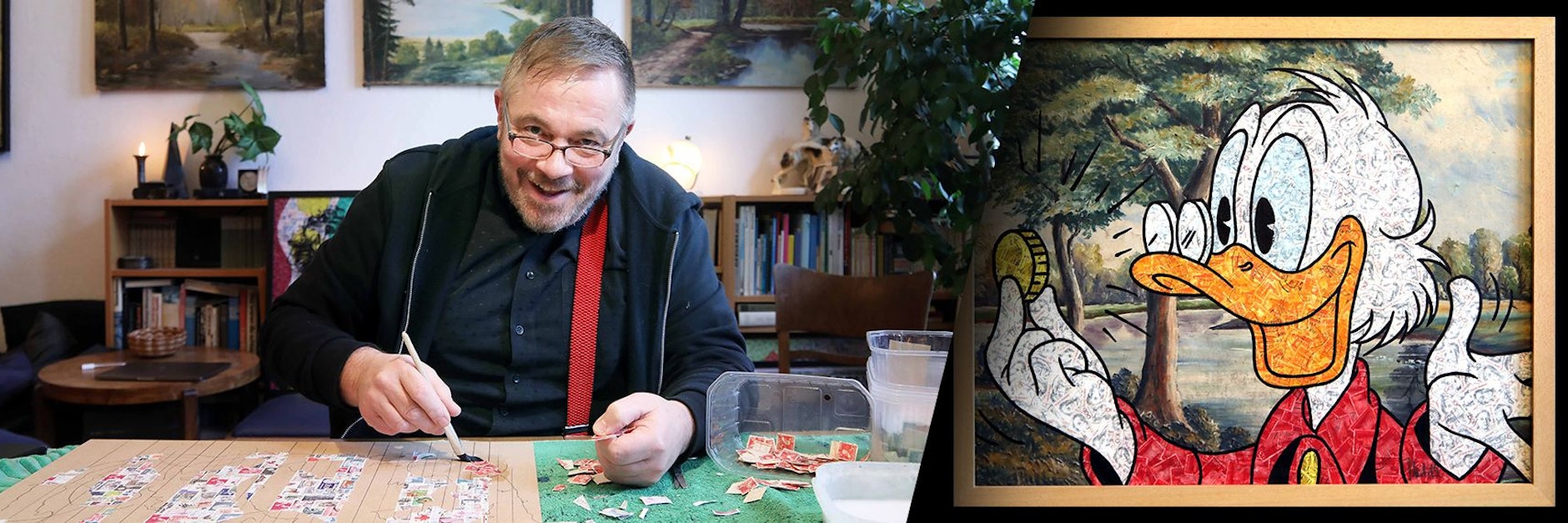 In mühevoller Kleinarbeit klebt Stefan Merkt eine Briefmarke nach der anderen auf. Bis zum fertigen Bild vergehen Stunden, manchmal Tage.