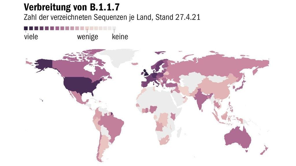 Grafik: BLZ/Hecher, Quelle: Pango Lineages. Anmerkung: Da in den einzelnen Ländern unterschiedlich viel sequenziert wird, gibt die Karte lediglich Hinweise auf die Verbreitung.
