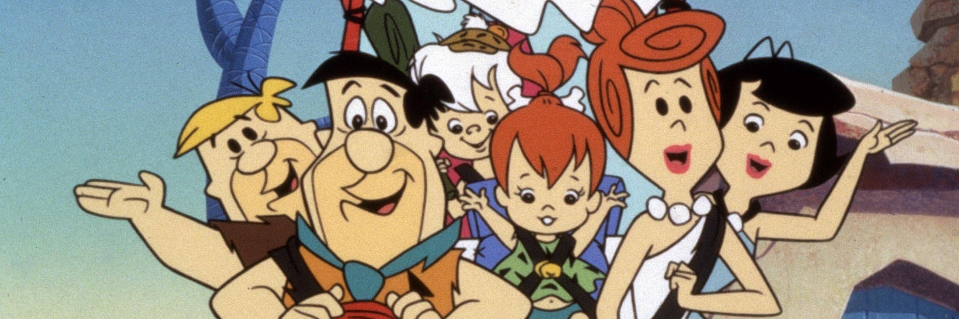 „Familie Feuerstein“ (Fred und Wilma Feuerstein mit Tochter Pebbles (vorne) sowie die Nachbarn Betty und Barney Geröllheimer mit Söhnchen Bamm-Bamm)&nbsp;war die erste Trickfilmreihe im Abendprogramm.