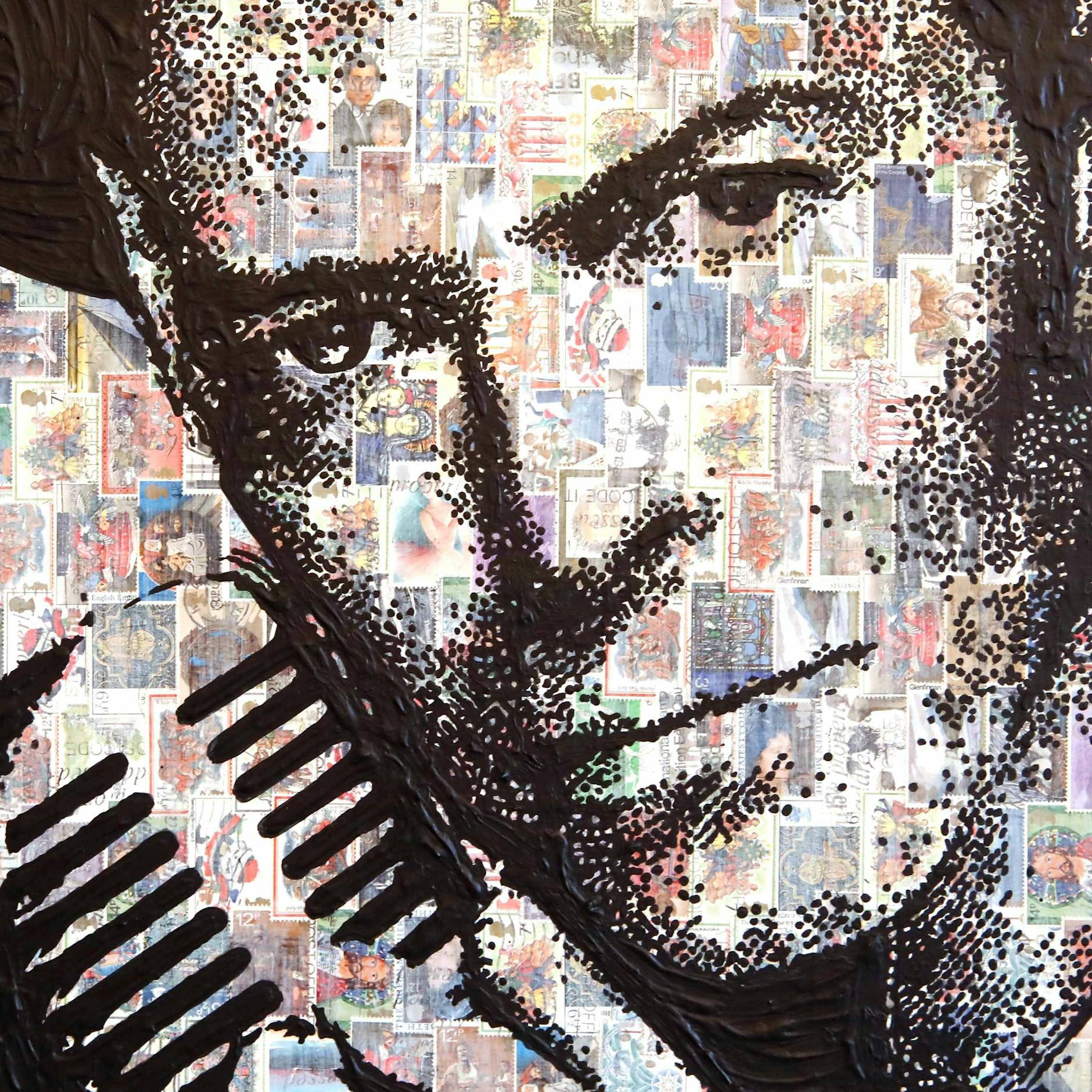 Der Untergrund dieses Bildes – es zeigt Musiker David Bowie – ist aus Briefmarken geklebt.