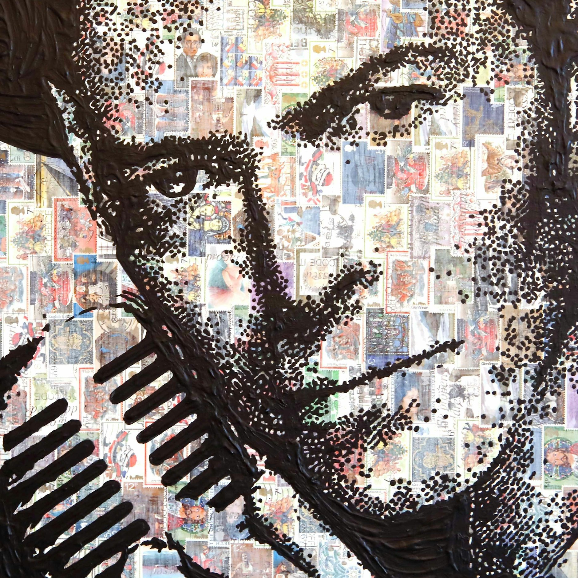 Der Untergrund dieses Bildes – es zeigt Musiker David Bowie – ist aus Briefmarken geklebt.