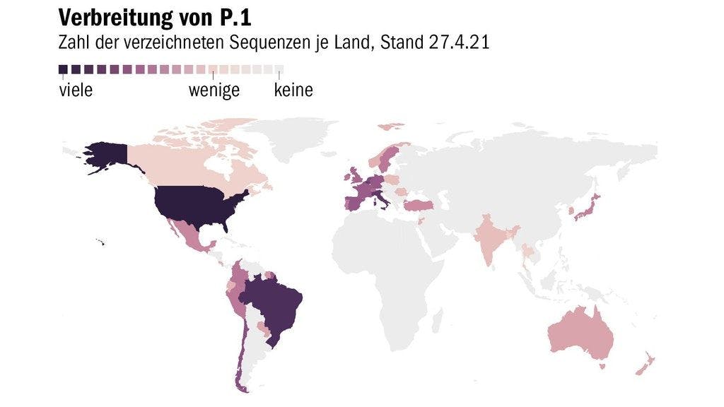 Grafik: BLZ/Hecher, Quelle: Pango Lineages. Anmerkung: Da in den einzelnen Ländern unterschiedlich viel sequenziert wird, gibt die Karte lediglich Hinweise auf die Verbreitung.
