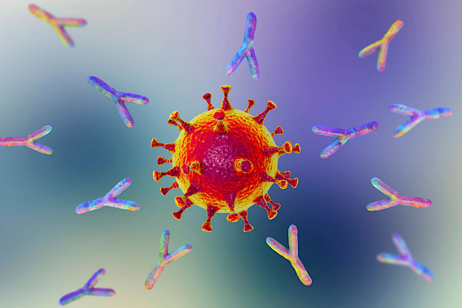 Y-förmige Antikörper und das Coronavirus Sars-CoV-2 in einer Illustration.