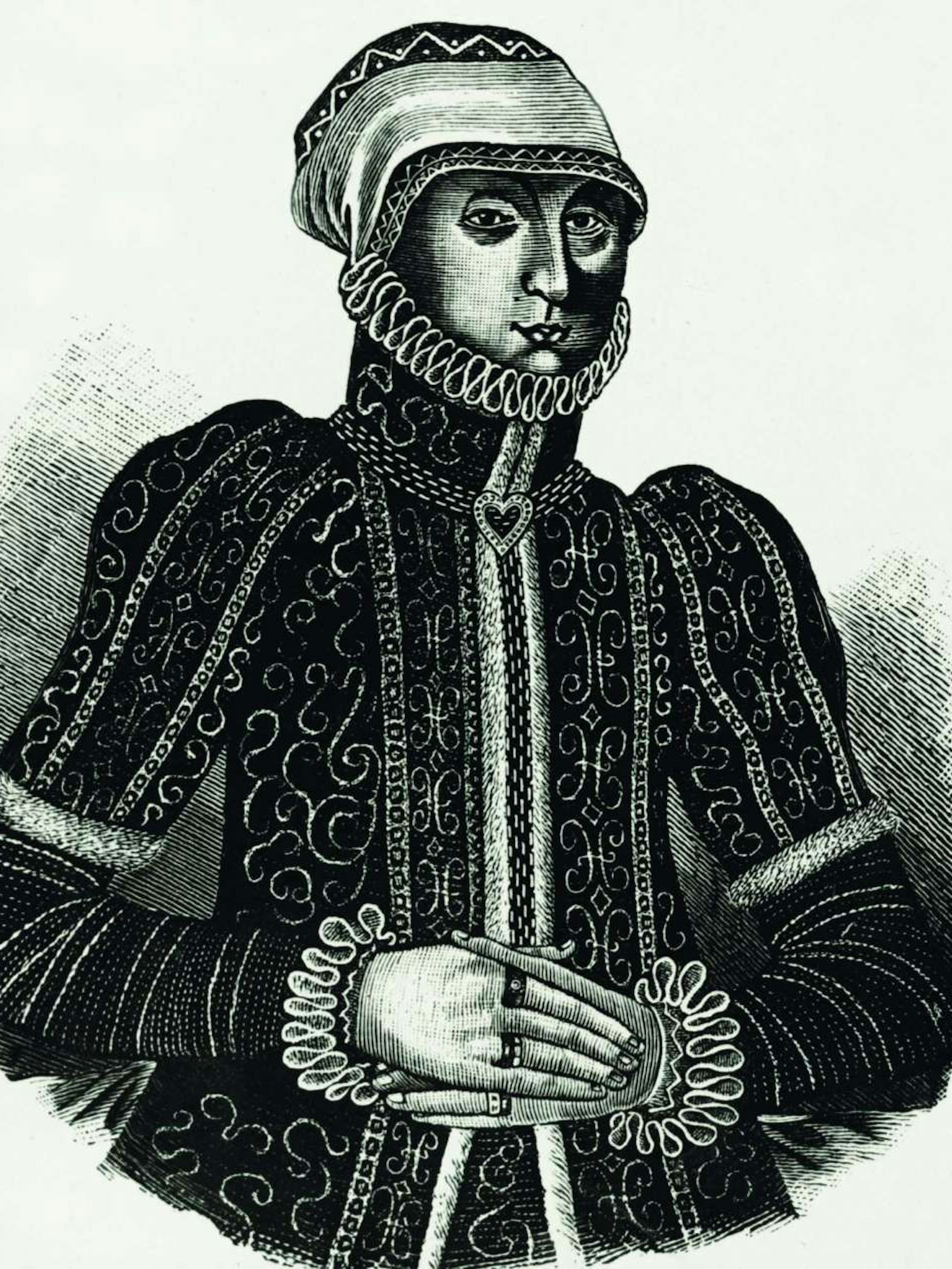 Anna Sydow (um 1525–1575), hier ein Holzstich nach einem zeitgenössischen Bildnis, ist ein Urbild der Weißen Frau, des Hausgespenstes der Hohenzollern.