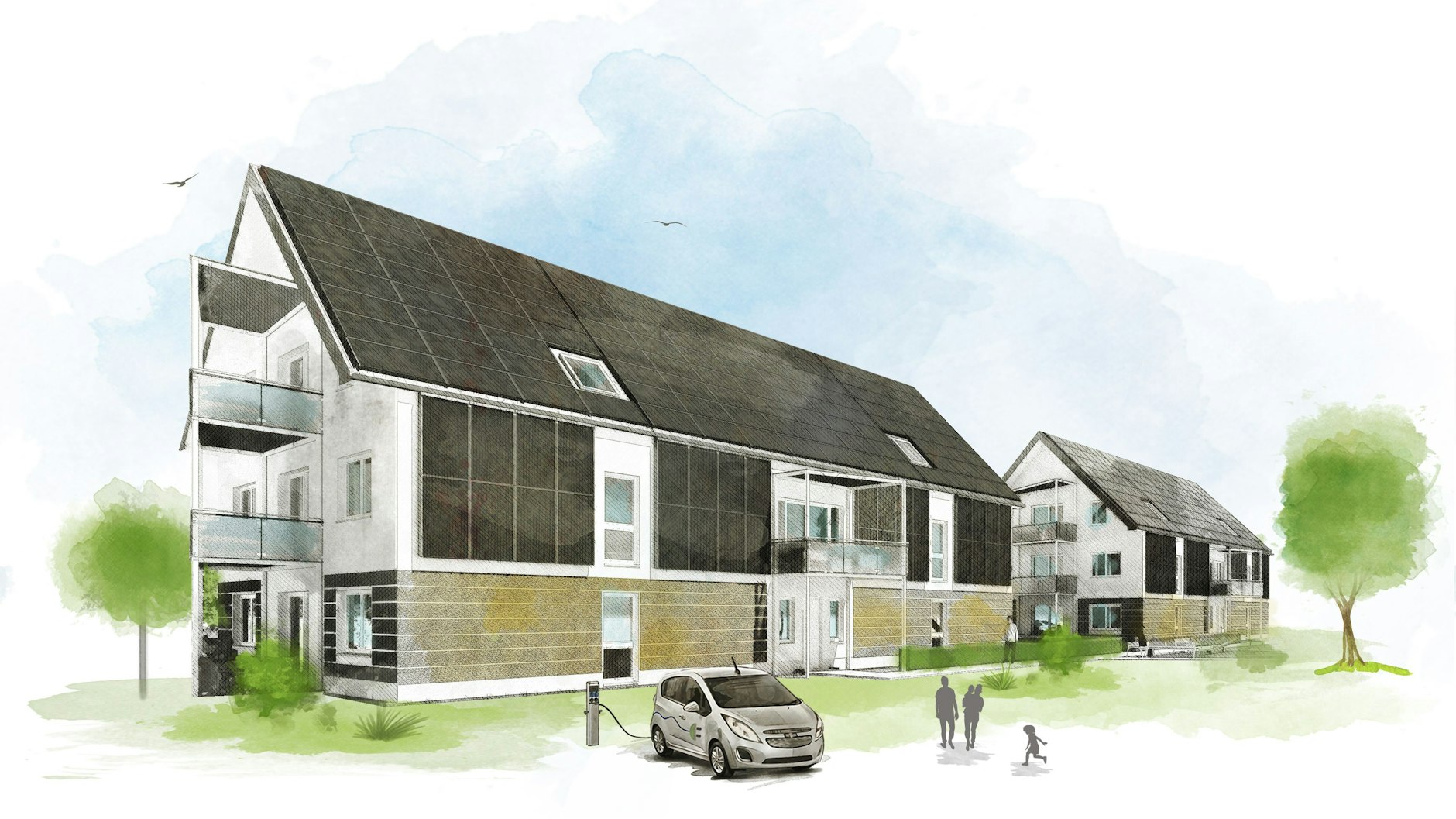 Zieht vielleicht auch junge Leute aus Berlin an: Im brandenburgischen Lübben entstehen Mehrfamilienhäuser, die nahezu autark aus Sonnenstrom versorgt werden.