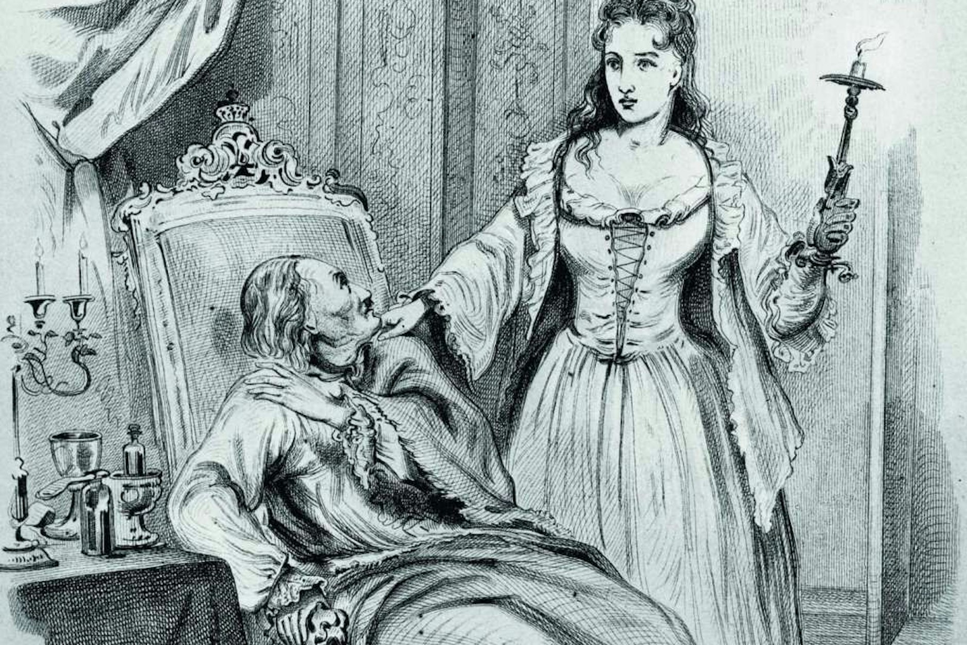 Die Weiße Frau erscheint Preußens König Friedrich I. in seinen Gemächern im Berliner Residenzschloss kurz vor seinem Tod im Februar 1713 (Lithografie aus dem Jahr 1851).