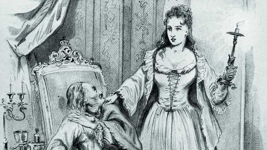 Die Weiße Frau erscheint Preußens König Friedrich I. in seinen Gemächern im Berliner Residenzschloss kurz vor seinem Tod im Februar 1713 (Lithografie aus dem Jahr 1851).