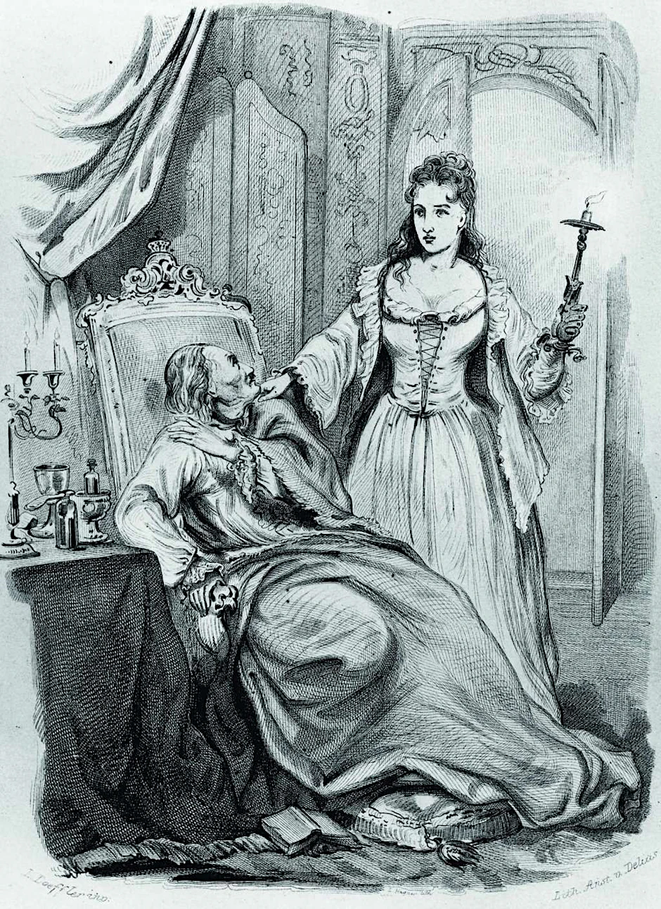 Die Weiße Frau erscheint Preußens König Friedrich I. in seinen Gemächern im Berliner Residenzschloss kurz vor seinem Tod im Februar 1713 (Lithografie aus dem Jahr 1851). 