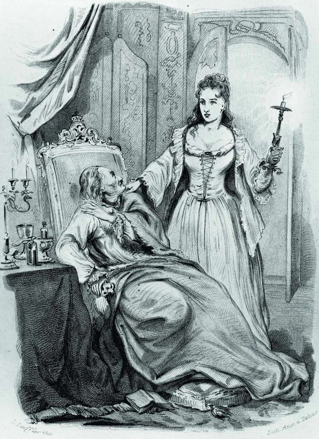 Die Weiße Frau erscheint Preußens König Friedrich I. in seinen Gemächern im Berliner Residenzschloss kurz vor seinem Tod im Februar 1713 (Lithografie aus dem Jahr 1851). 